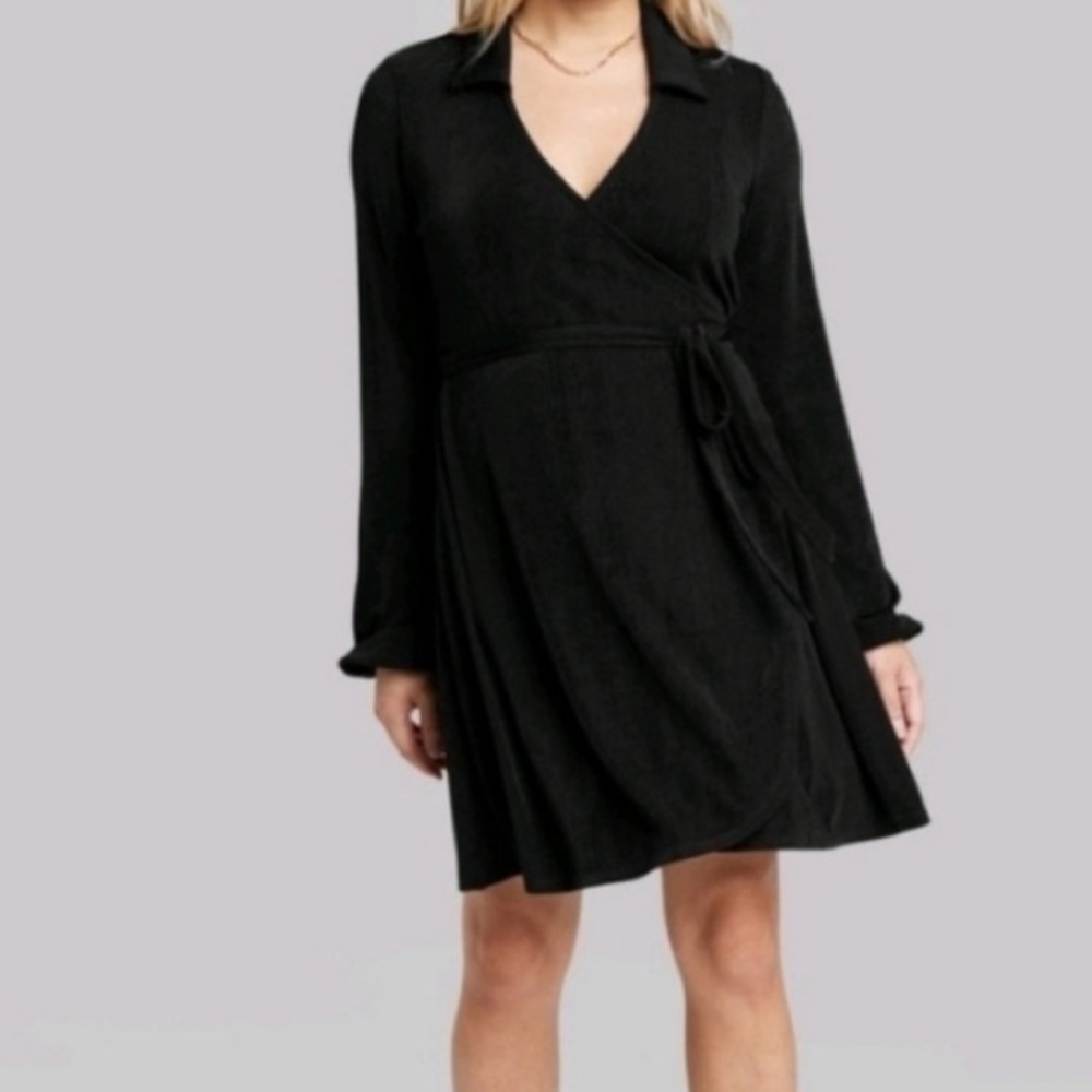 NWT black collared slinky long sleeve wrap dress